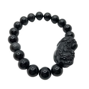 Obsidian(?) beaded Pixiu stretch bracelet